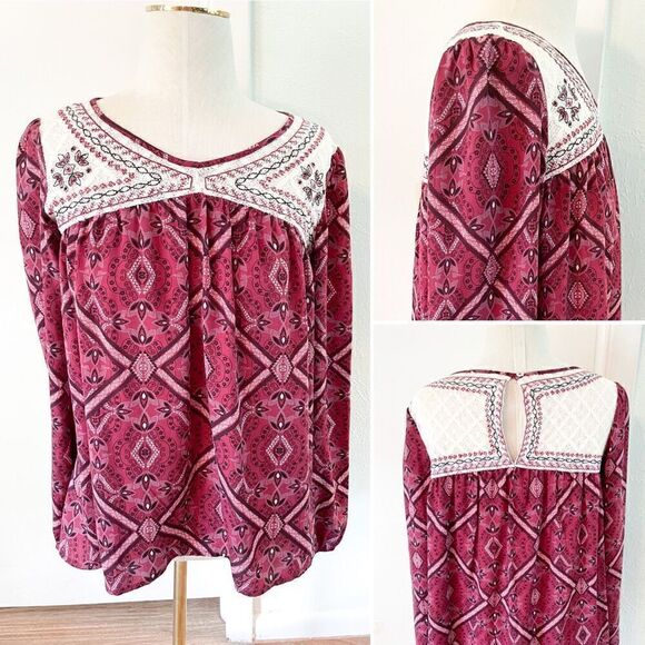 Burgundy Boho Long Sleeve Blouse - Picture 1 of 2